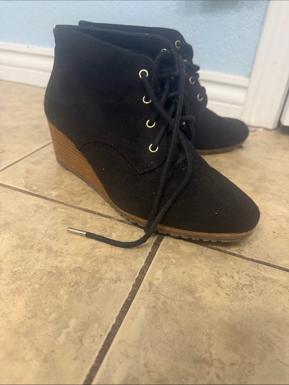 Black Suede Lace-Up Wedge Ankle Boots - Women